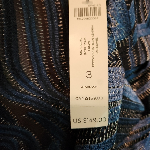 Chico’s Travelers Whimsy Mesh Stripe 3/4 Sleeve Jacket Wave Blue Size 3 NWT - Picture 5 of 6